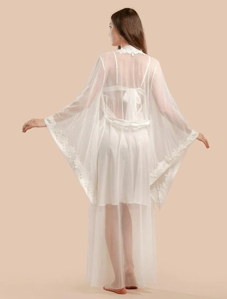 2 Pcs Lace & Satin Nightdress With Tulle And Lace Robe - Off White