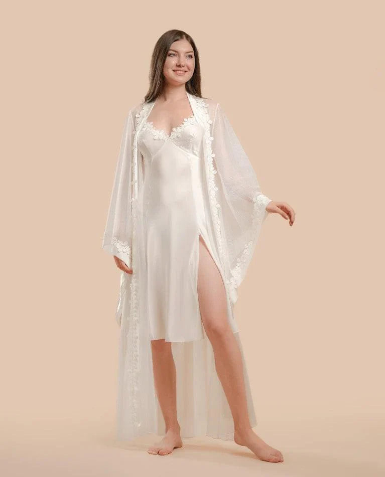 2 Pcs Lace & Satin Nightdress With Tulle And Lace Robe - Off White