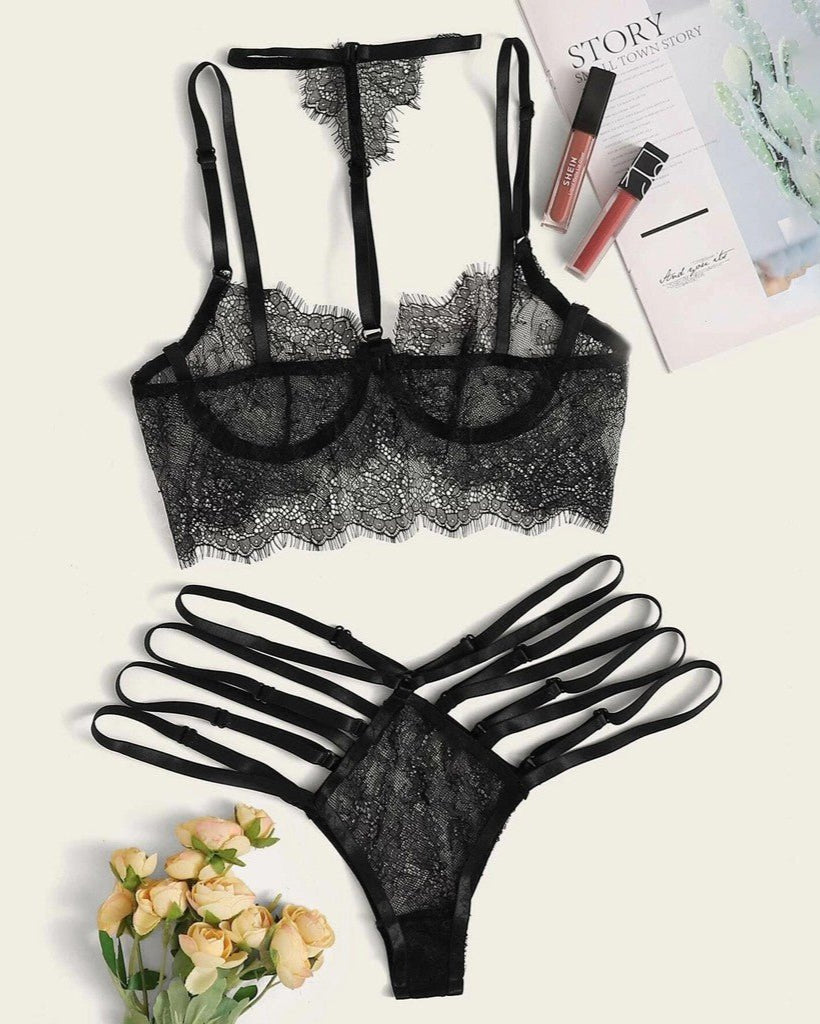 Fleur Noir Strappy Lingerie