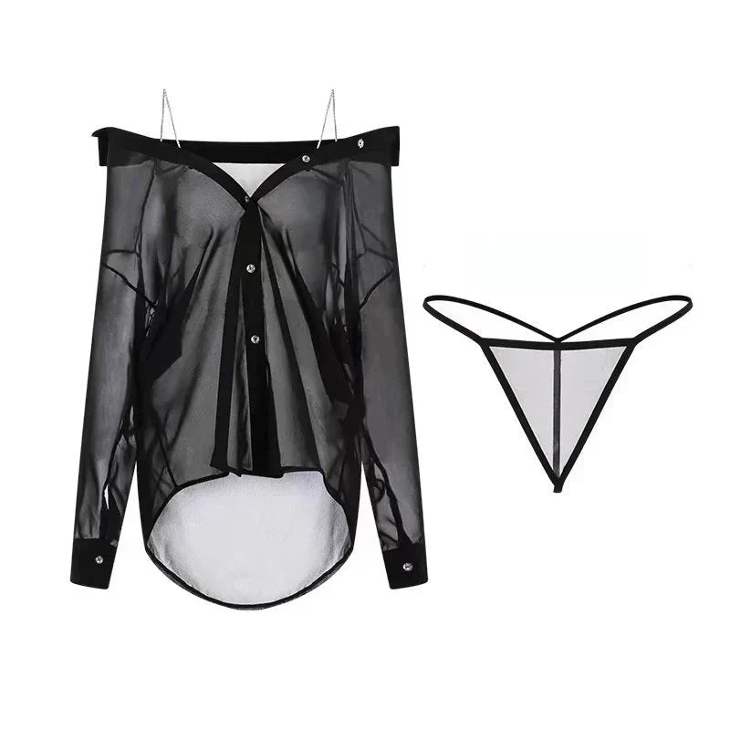 Ayleen Mesh Babydoll Two Piece Lingerie (Black)