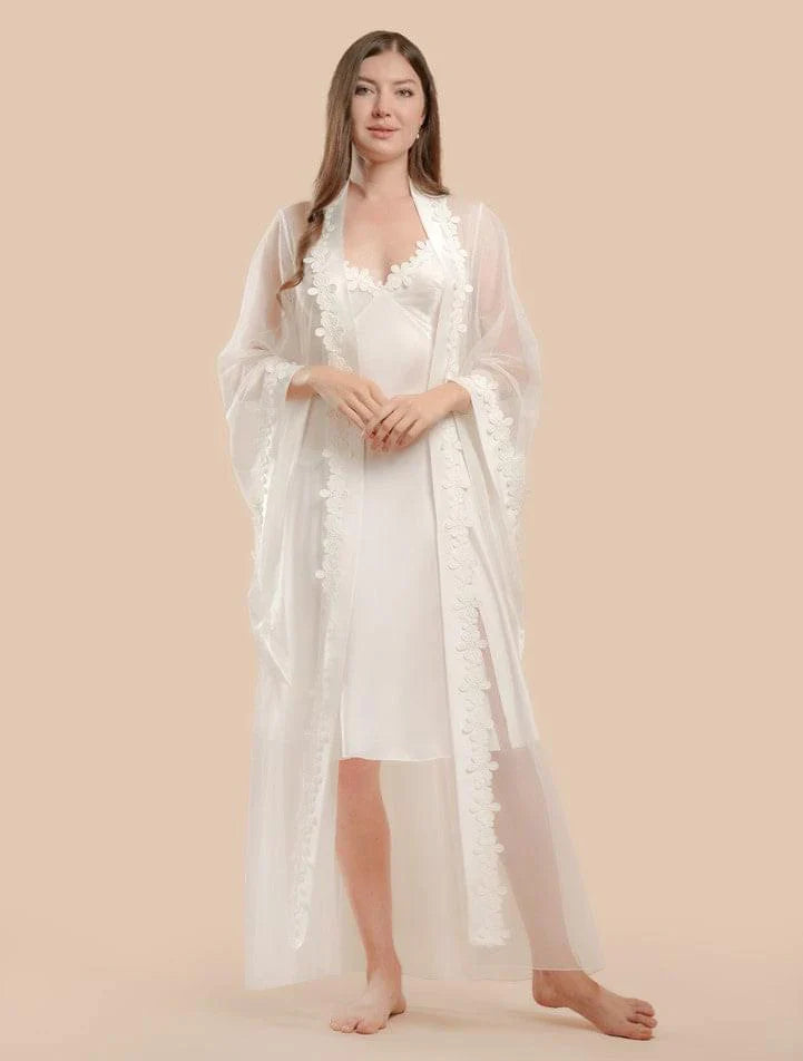 2 Pcs Lace & Satin Nightdress With Tulle And Lace Robe - Off White